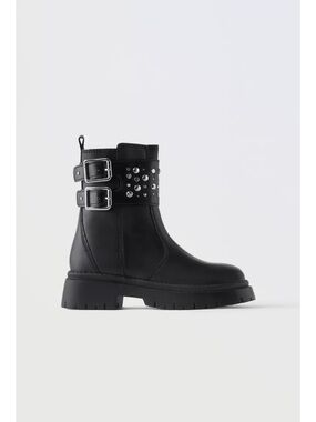 Girls Black Studded Mid-Calf Leather Boots
